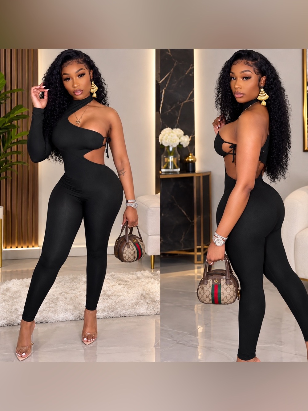 Women’s One-Shoulder Cutout Jumpsuit - Black